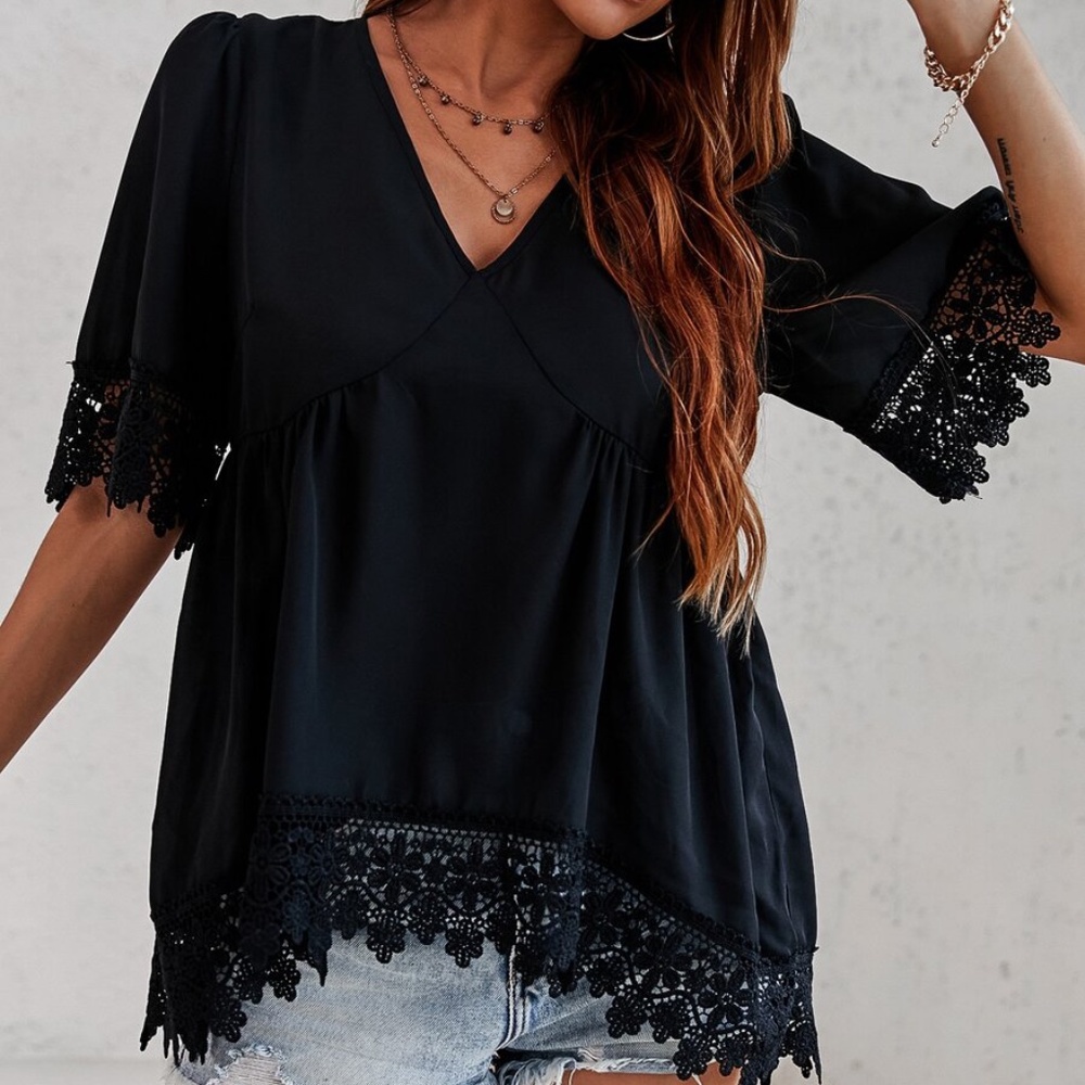 Boho Black Embroidered Floral V neck Top - Picture 4 of 7